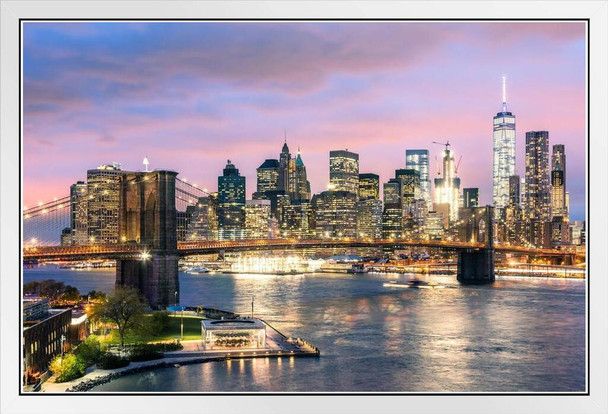 Brooklyn Bridge and New York City Skyline at Dusk Photo Photograph White Wood Framed Poster 20x14