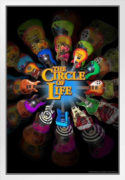 Circle of Life Electric Guitars Music Photo Collage Poster Colorful Rock Roll Band Stringed Instruments White Wood Framed Art Poster 14x20