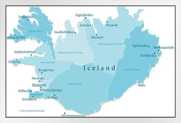 Iceland Vector Map Regions Travel World Map with Cities in Detail Map Posters for Wall Map Art Wall Decor Geographical Illustration Tourist Travel Destinations White Wood Framed Art Poster 20x14
