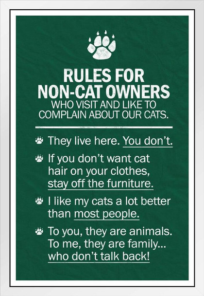Cat Rules For Non Cat Owners Cat Poster Funny Wall Posters Kitten Posters for Wall Motivational Cat Poster Funny Cat Poster Inspirational Cat Poster White Wood Framed Art Poster 14x20