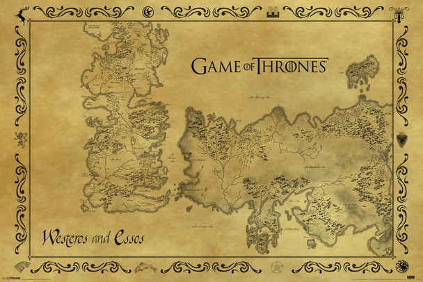 Game Of Thrones Antique Map Westeros Essos HBO Medieval Fantasy TV Television Series Cool Wall Art Print Poster 36x24