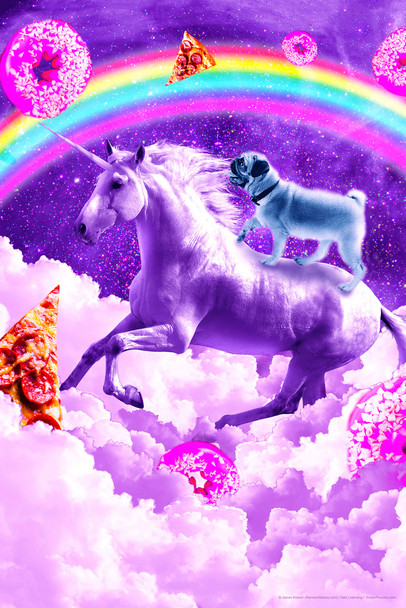 Pug In Space Riding A Unicorn Rainbow Pizza Donuts Random Galaxy Funny Cute Awesome Epic Cool Wall Decor Art Print Poster 12x18