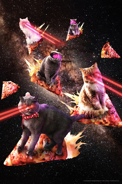 Outer Space Cats Laser Eyes Pizza Slices Flying In Galaxy Random Funny Cute Awesome Epic Fantasy Parody Kitten Cool Wall Decor Art Print Poster 12x18