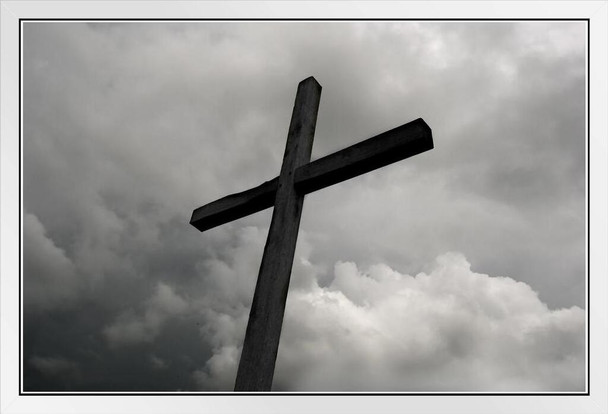 Wooden Cross Under Storm Clouds B&W Photo Photograph White Wood Framed Poster 20x14