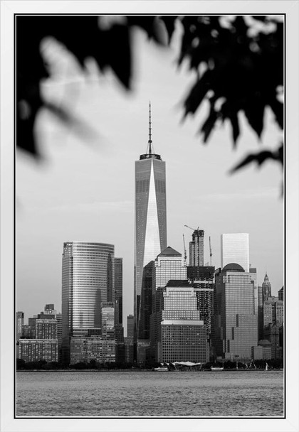 Lower Manhattan and One World Trade Center Black and White Photo Photograph White Wood Framed Poster 14x20