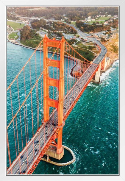 Golden Gate Bridge San Francisco Aerial View Photo Photograph White Wood Framed Poster 14x20