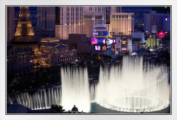 Las Vegas Nevada Strip Illuminated at Night Bellagio Fountains Photo Photograph White Wood Framed Poster 20x14