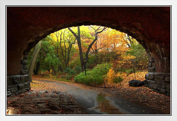 Through the Tunnel Autumn in Central Park NYC Photo Photograph White Wood Framed Poster 20x14