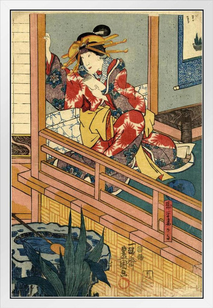 Utagawa Hiroshige by Woodblock Female in Kimono by Window Japanese Art Poster Traditional Japanese Wall Decor Hiroshige Woodblock Artwork Asian Print Decor White Wood Framed Art Poster 14x20