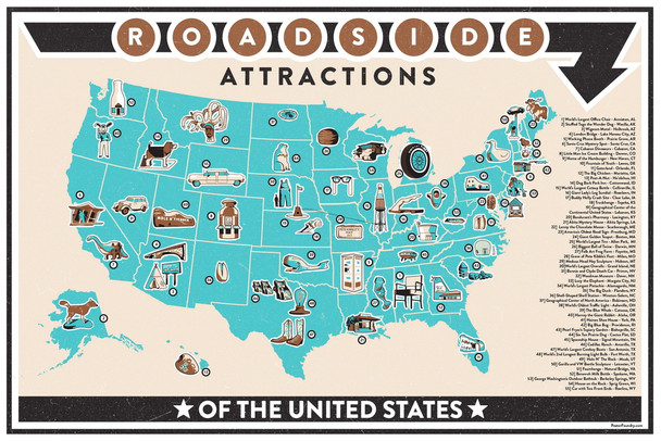 Roadside Attractions of America Map Chart USA Road Trip Travel Guide Retro Vintage Style Americana Googie Architecture Midcentury Cool Wall Art Print Poster 12x18