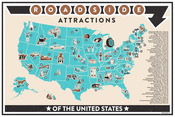 Roadside Attractions of America Map Chart USA Road Trip Travel Guide Retro Vintage Style Americana Googie Architecture Midcentury Cool Huge Large Giant Poster Art 36x54