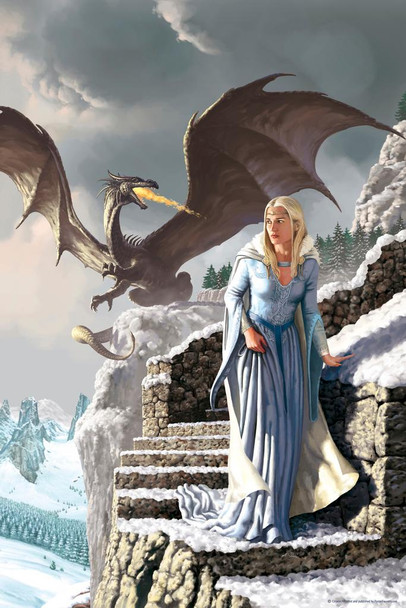 Blonde Warrior Queen Dragon Breathing Fire by Ciruelo Stone Stairs Fortress Crusade Fantasy Painting Gustavo Cabral Cool Wall Decor Art Print Poster 24x36