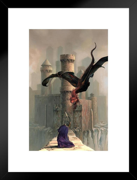 Gates Guardian Castle Wall Flying Red Dragon Slayer by Ciruelo Fantasy Painting Gustavo Cabral Matted Framed Wall Decor Art Print 20x26