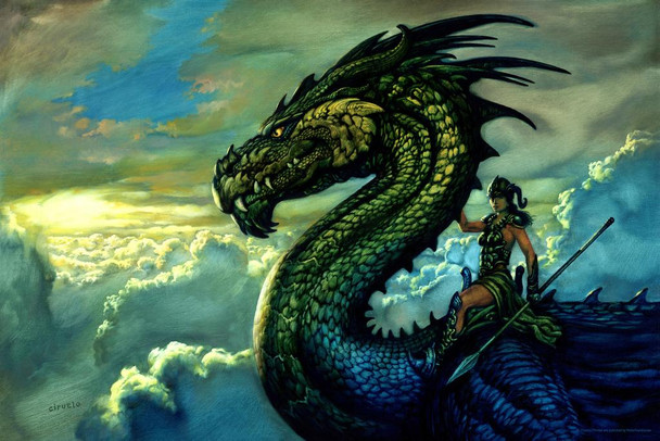 Laminated Amazonian Warrior Hunter Fighter Riding Dragon by Ciruelo Fantasy Painting Gustavo Cabral Poster Dry Erase Wall Art 12x18