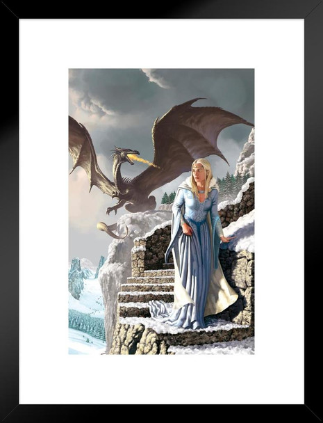 Blonde Warrior Queen Dragon Breathing Fire by Ciruelo Stone Stairs Fortress Crusade Fantasy Painting Gustavo Cabral Matted Framed Wall Decor Art Print 20x26