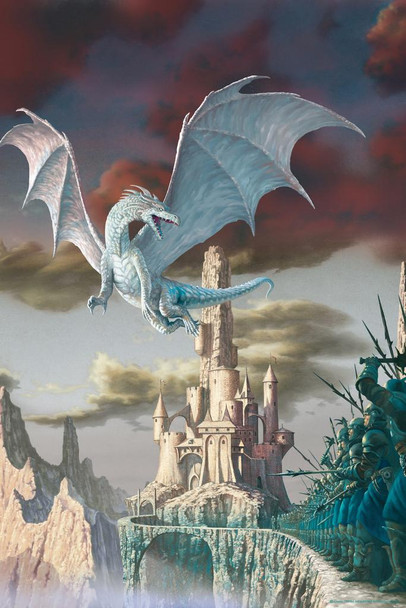 Laminated Hobsy Attack Silver Dragon Flying Over Castle by Ciruelo Fantasy Painting Gustavo Cabral Poster Dry Erase Sign 12x18