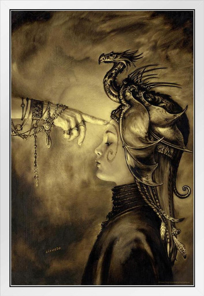 Initiation Dragon Headpiece Worship Mystic Religion by Ciruelo Fantasy Religious Anointed Painting Gustavo Cabral White Wood Framed Poster 14x20