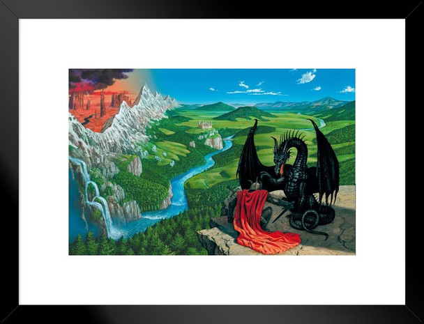 Watershed Knight In Armor Red Cape Kneeling With Black Dragon On Cliff by Ciruelo Fantasy Painting Gustavo Cabral Matted Framed Wall Decor Art Print 20x26