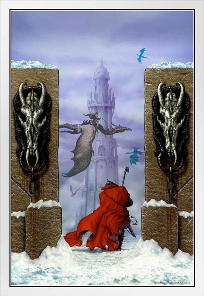 Dragonland Maze Gates Tower Dragon Fortress by Ciruelo Fantasy Painting Gustavo Cabral White Wood Framed Poster 14x20