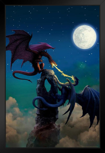 Fire Swords Dragons Fighting Breathing Fire by Ciruelo Fantasy Painting Blue Red Dragon Gustavo Cabral Black Wood Framed Art Poster 14x20