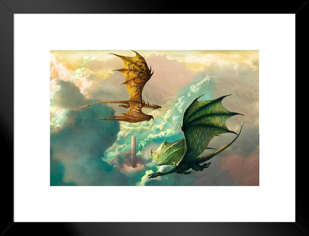 Flying Dragons in Clouds Circling Stone Tower by Ciruelo Fantasy Painting Green Red Dragon Gustavo Cabral Matted Framed Art Wall Decor 20x26