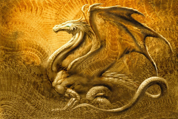 Laminated Golden Dragon Artistic by Ciruelo Fantasy Painting Gustavo Cabral Poster Dry Erase Sign 24x36