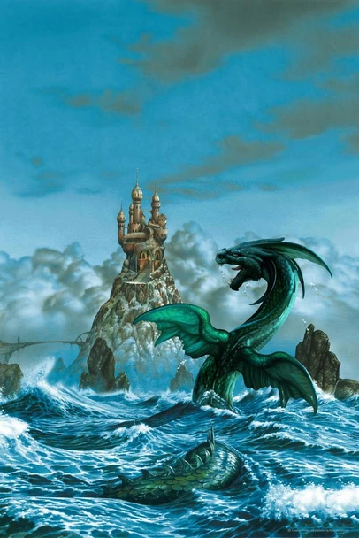 Laminated Mar Ocean Dragon Ocean Castle On Rocky Island by Ciruelo Fantasy Painting Gustavo Cabral Poster Dry Erase Wall Art 12x18