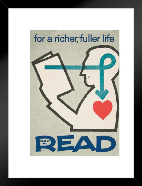 For a Richer Fuller Life Wake Up and Read Books Reading Library Reader Retro Vintage Classroom Educational Teacher Learning Homeschool Chart Display Supplies Matted Framed Art Wall Decor 20x26