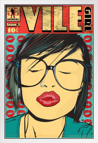 Vile Girl Kiss by Grim Graphix Retro Pin Up White Wood Framed Poster 14x20