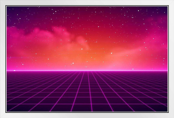 80s Neon Lights Grid Vaporwave Retro SciFi Digital Cyber Video Game Futuristic 1980s Galaxy Universe Landscape Background White Wood Framed Art Poster 14x20