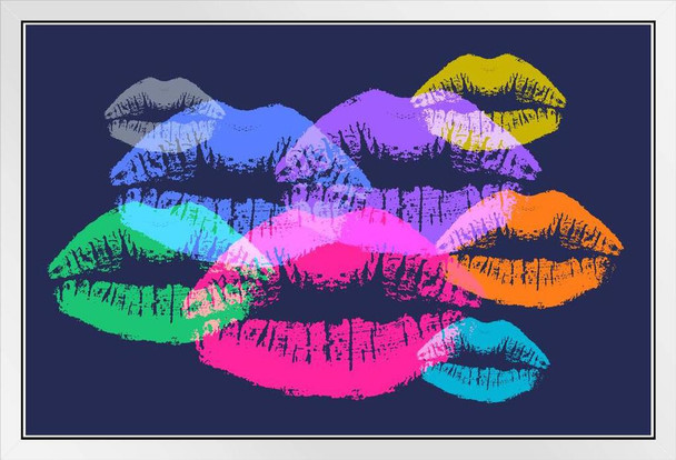 Womans Lips Kiss Lipstick Multicolor Dark Pop Neon Artwork White Wood Framed Poster 20x14