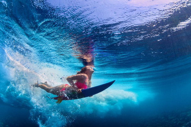 Laminated Bikini Girl Surfer Surfing Ocean Wave Underwater Photo Photograph Summer Beach Surfboard Poster Dry Erase Sign 12x18