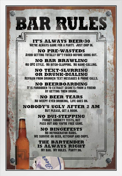 Bar Rules Funny Sign White Wood Framed Poster 14x20