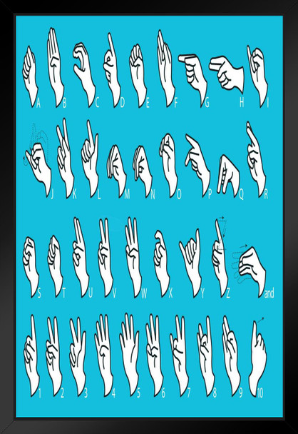 Sign Language Alphabet Communication Blue Educational Chart Black Wood Framed Art Poster 14x20