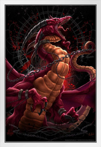 Unleashed Redux Red Dragon In Chains By Tom Wood Fantasy Poster Fierce Bondage Serpent Monster White Wood Framed Art Poster 14x20