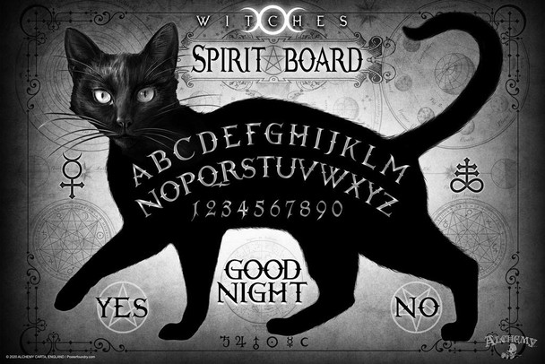 Laminated Black Cat Witches Spirit Board Alchemy of England Spooky Witchy Gothic Ghost Communication Supernatural Spirits Poster Dry Erase Sign 12x18