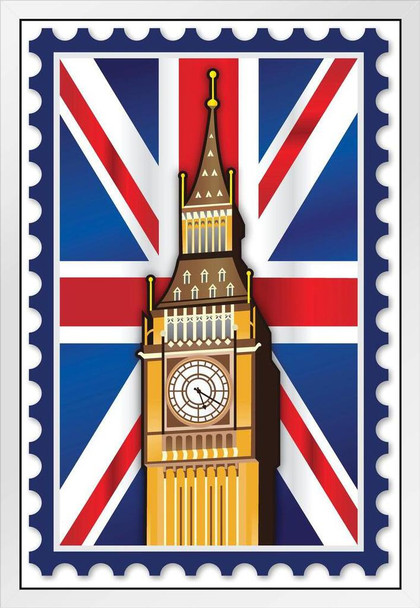 London England Big Ben Union Jack British Flag Stamp White Wood Framed Poster 14x20
