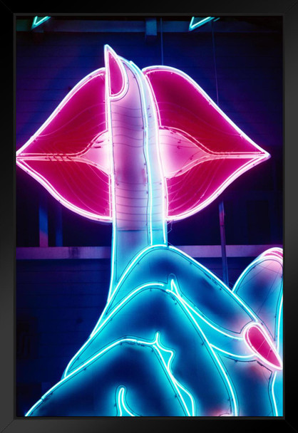 Ssshhhh Be Quiet Finger on Lips Neon Light Sign Photo Photograph Home Office Trippy Room Decor Bar UV Reactive Blacklight Black Light Black Wood Framed Art Poster 14x20