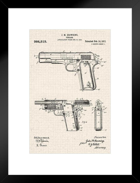 Handgun 1910 Official Patent Office Tan Color Blueprint Diagram Firearm Educational Decoration Improved Revolver Design Matted Framed Art Wall Decor 20x26