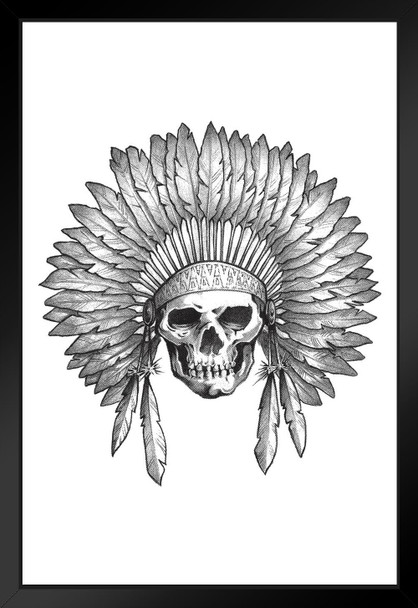 The Chief Native American Indian Skull in Headdress Black White Art Print Black Wood Framed Poster 14x20