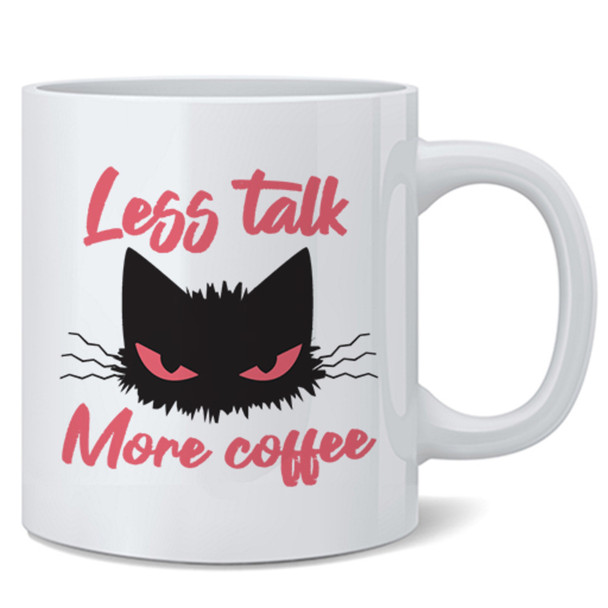 Less Talk More Coffee Funny Cute Black Cat Face Ceramic Mug Tea Cup Fun Novelty Gift 12 oz