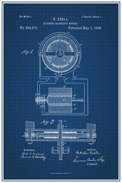 Nikola Tesla Electro Magnetic Motor 1888 Official Patent Blueprint Electrical Engineer Inventor Science Classroom Educational Chart Cool Wall Art Print Poster 24x36
