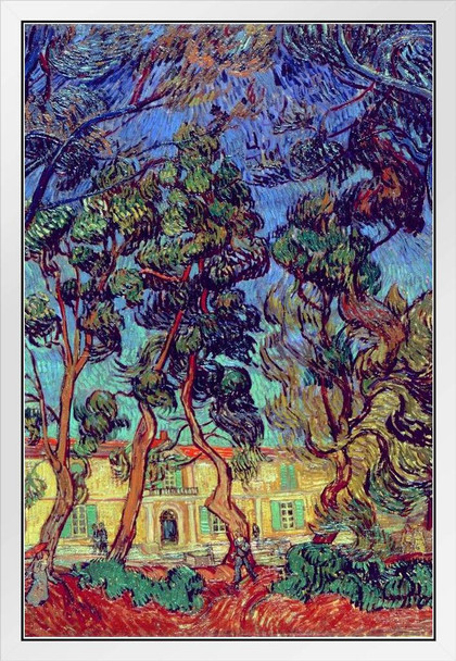 Vincent Van Gogh Trees in the Garden of Saint Paul Hospital Van Gogh Wall Art Impressionist Painting Style Nature Forest Wall Decor Landscape Night Sky Decor White Wood Framed Art Poster 14x20