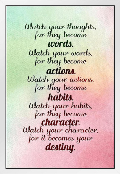 Watch Your Thoughts Watercolor Motivational Inspirational Teamwork Quote Inspire Quotation Gratitude Positivity Support Motivate Sign Good Vibes Social Work White Wood Framed Art Poster 14x20