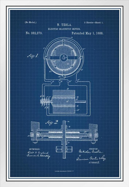 Nikola Tesla Electro Magnetic Motor 1888 Official Patent Blueprint Electrical Engineer Inventor Science Classroom Educational Chart Sign White Wood Framed Art Poster 14x20