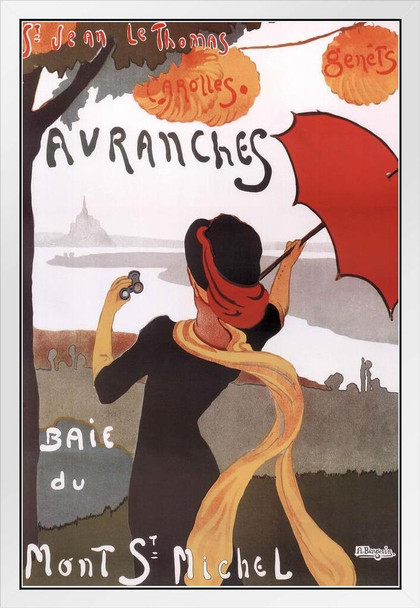 Albert Bergevin Avranches Baie du Mont St Michel 1910 Vintage Ad French Travel Advertisement Woman With Umbrella White Wood Framed Art Poster 14x20