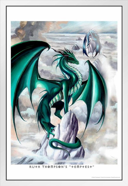 Temptest Green Dragon by Ruth Thompson Fantasy Poster Drawing Tempest Magical Creature White Wood Framed Art Poster 14x20