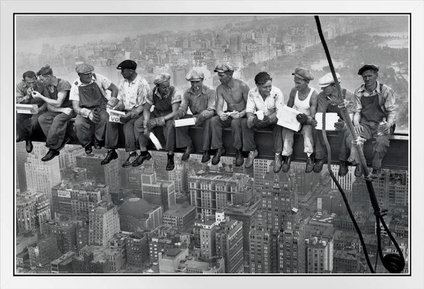 Charles Ebbets Workers Lunch Atop Skyscraper Rockefeller Center Black White Photo White Wood Framed Poster 20x14