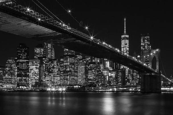 Brooklyn Bridge New York City NYC Skyline at Night Black and White Photo Photograph Thick Paper Sign Print Picture 12x8