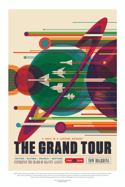 Laminated The Grand Tour NASA Space Retro Travel Vintage JPL Planets Exploration Science Fiction SciFi Tourism Astronaut Geeky Nerdy Solar System Map Galaxy Classroom Poster Dry Erase Sign 24x36